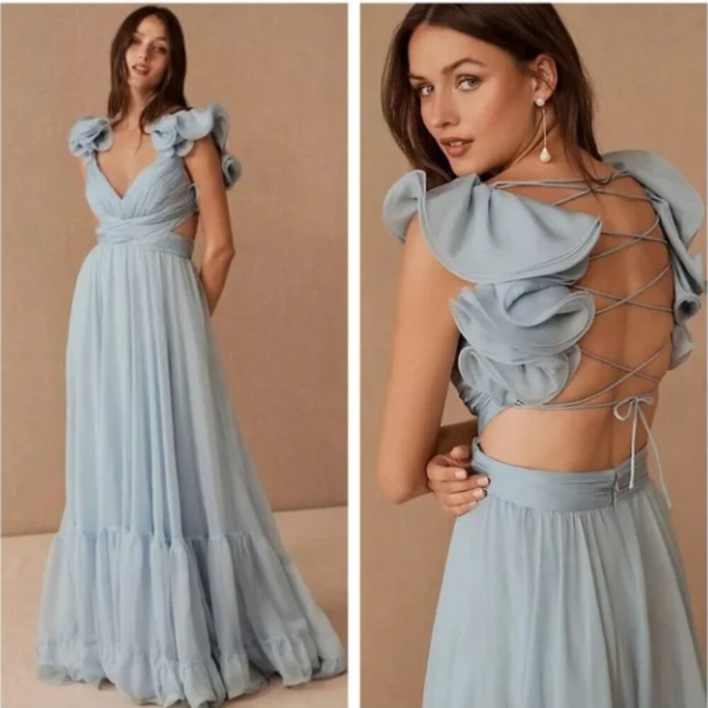 NWT Mac Duggal 67911 Light Blue Ruffle Tiered Cut-Out Chiffon Gown - Picture 1 of 7